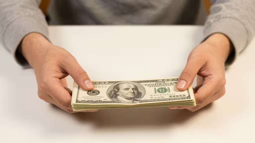 Persona sosteniendo billetes de $100 y una tarjeta de crédito sobre una mesa blanca, simbolizando consolidación de deudas pequeñas.