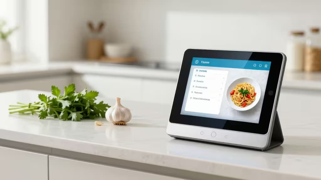 Smart display shows pasta recipe beside fresh herbs and garlic on marble countertop.