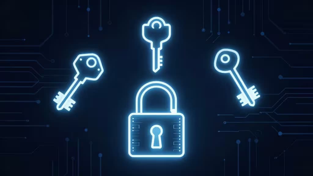 Neon blue keys and padlock glow on dark circuit board background.