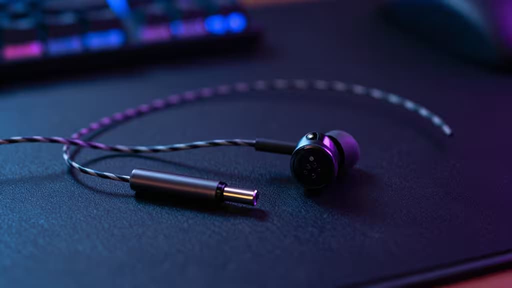 In-ear monitor earbuds met afneembare kabel op een donker gaming-bureau met blauwe en paarse accentverlichting