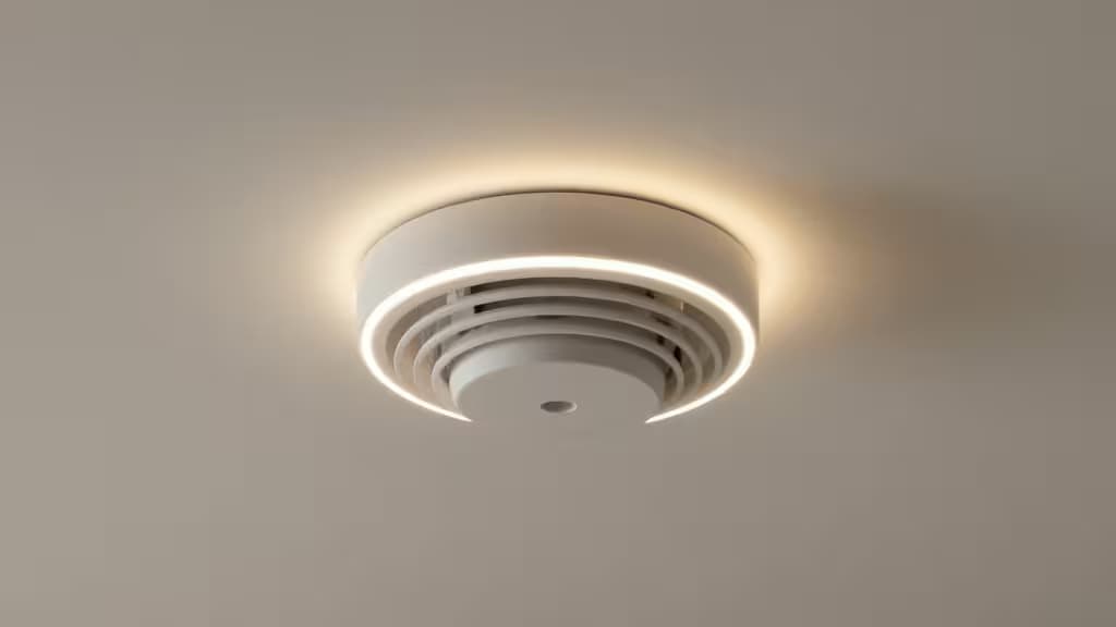 Белый умный дымный извещатель на потолке со светящимся LED-кольцом