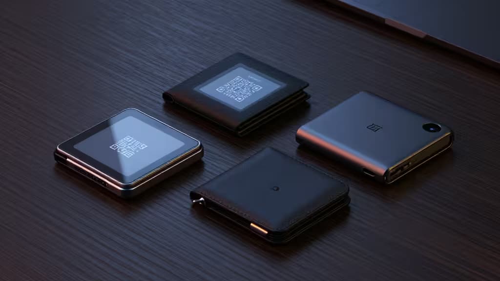 Drie moderne hardware crypto wallets op een donker houten bureau, met een minimalistische uitstraling en zachte belichting.