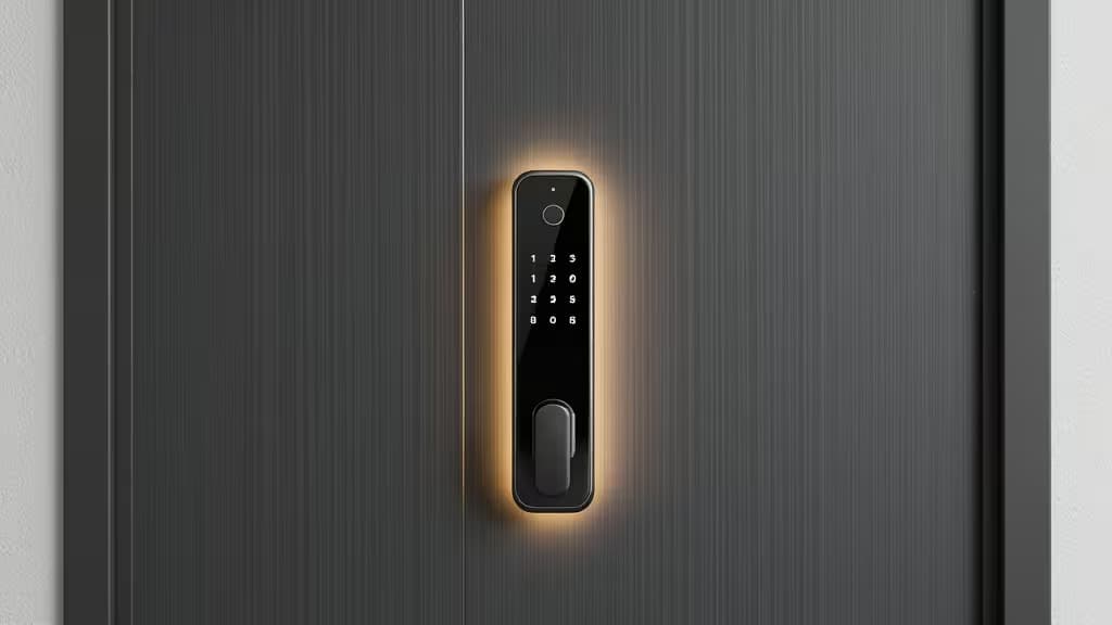 Sleek black smart deadbolt with illuminated keypad mounted on modern door.