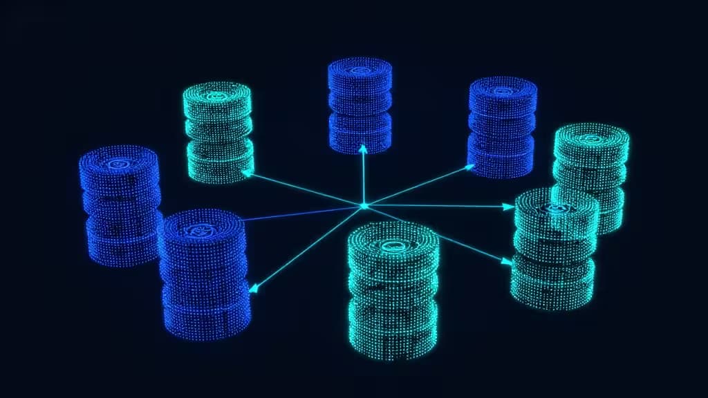 Blue and cyan digital database stacks connect via glowing lines, symbolizing vector data networks for RAG applications.