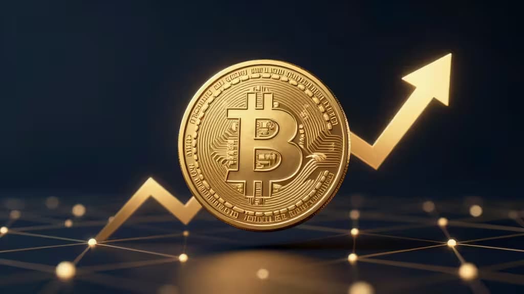 Una moneda de Bitcoin dorada y reluciente flota sobre una flecha de tendencia ascendente en una cuadrícula de red digital, simbolizando el crecimiento del rendimiento.
