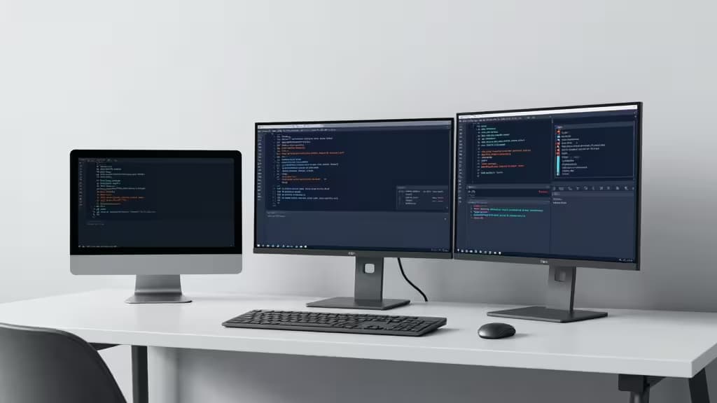 Tres monitores elegantes muestran código de Redis sobre un escritorio blanco minimalista con teclado y ratón.