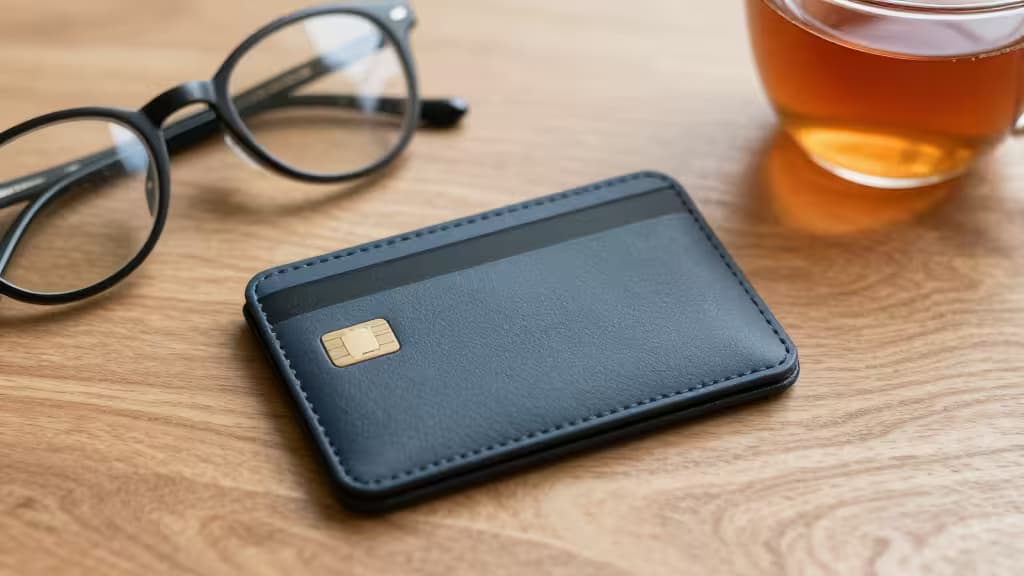 A simple card-shaped hardware wallet resting on a wooden desk beside reading glasses and a cup of tea, in soft warm lighting.