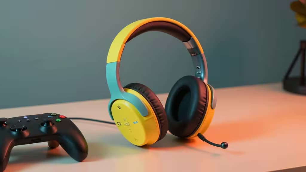 Casque gaming compact jaune et bleu avec arceau ajustable, conçu pour les petites têtes d'enfants.