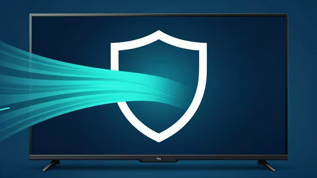 Abstracte illustratie van een smart-tv met een beveiligingsschild en versleutelde streaming-tunnel in blauwe en turquoise tinten