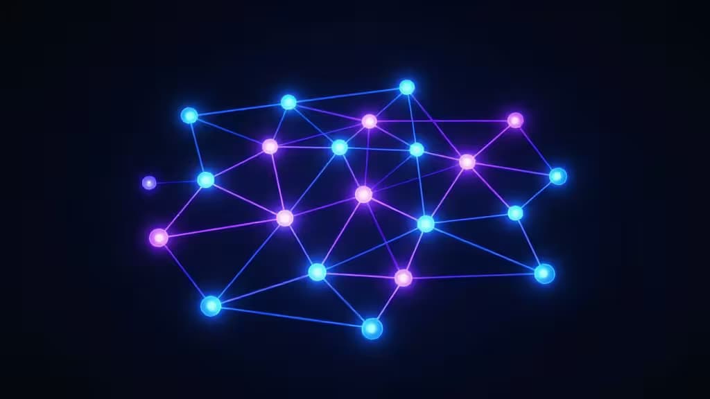 Glowing blue and purple nodes connected by lines form a network on a dark background.