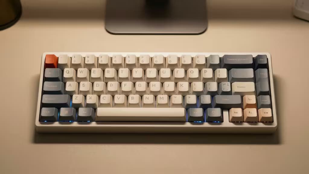 Compact mechanical keyboard with warm backlighting sits on a beige desk, featuring white, grey, and orange keycaps under soft ambient lighting.