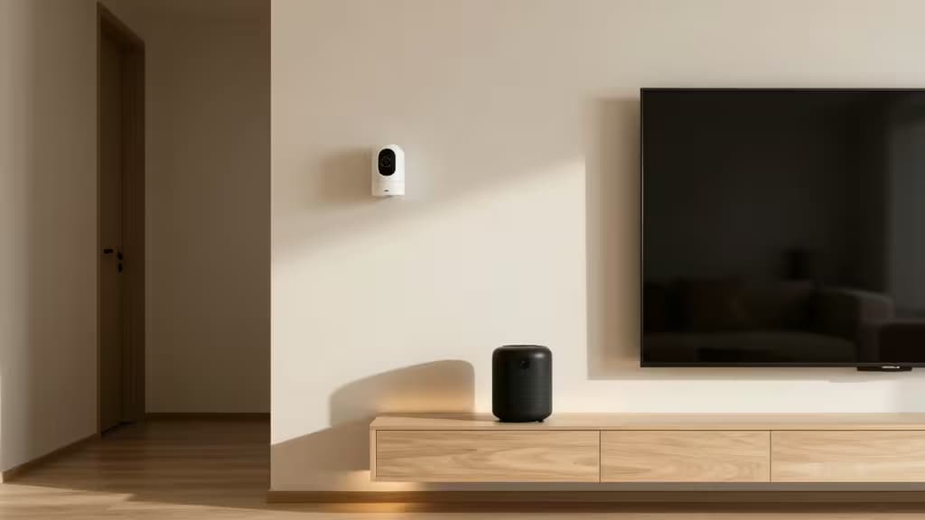 A modern living room with a compact smart speaker on a shelf, a small security camera mounted on the wall, and ambient LED strip lighting behind a wall-mounted TV.
