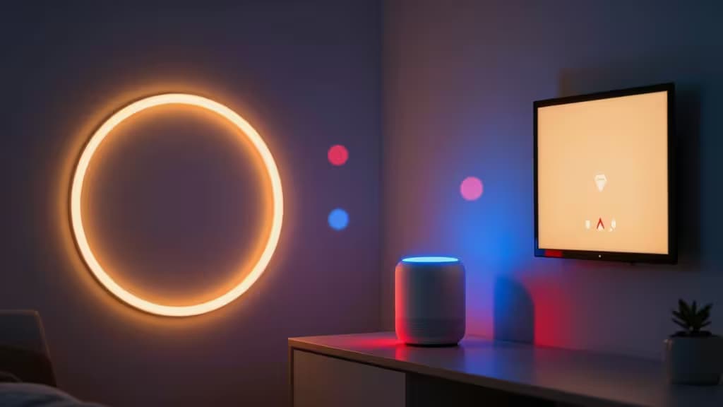 Smart speaker with colored light ring illuminates wall-mounted screen and circular light panel for visual alerts.