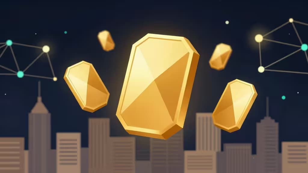 Abstrakcyjna ilustracja tokenizacji aktywów z rzeczywistego świata — złote tokeny geometryczne unoszące się nad linią horyzontu miasta, połączone węzłami sieci blockchain na granatowym tle
