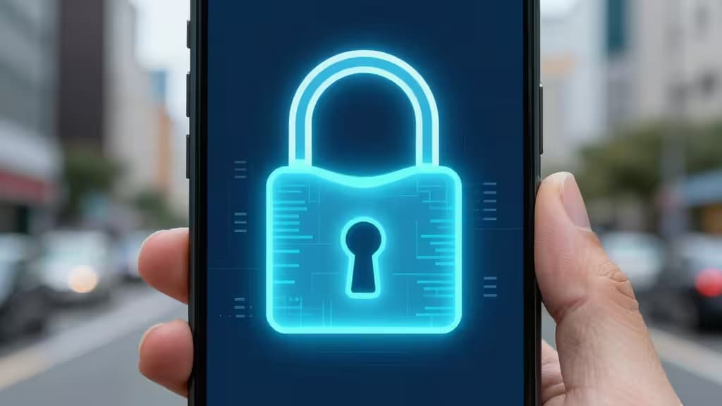 Hand holds smartphone displaying glowing blue padlock icon on dark screen, symbolizing secure online banking via VPN.