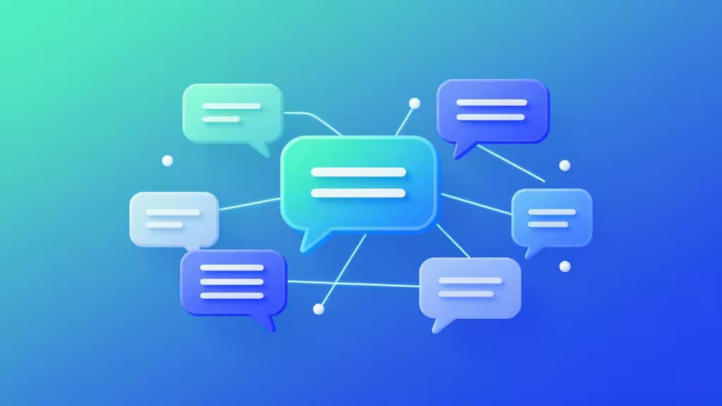 Ilustración abstracta de nodos de conversación y burbujas de chat conectados por líneas brillantes en tonos azul y turquesa, representando el soporte al cliente con inteligencia artificial.