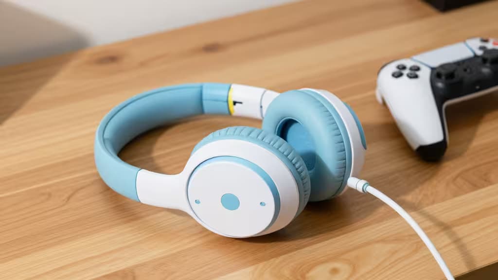 Light blue and white plastic gaming headset rests on wooden desk beside black and white game controller.
