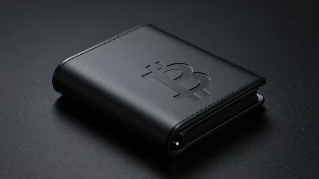 Dispositivo hardware wallet minimalista di colore nero con simbolo Bitcoin su superficie scura, illuminazione drammatica laterale