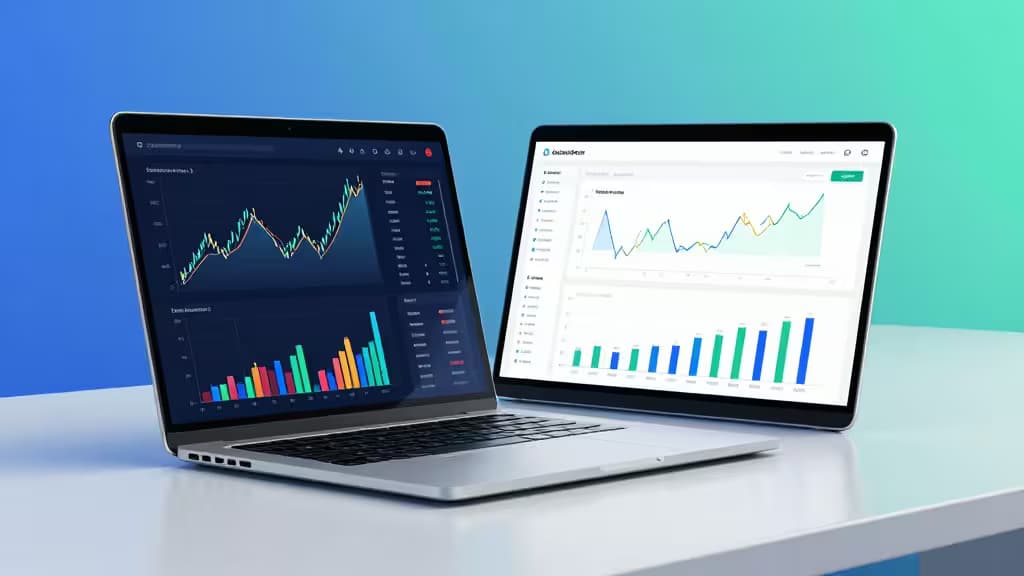 Silbernes Laptop und Tablet zeigen farbige Finanz-Dashboards auf einem weißen Schreibtisch vor blau-grünem Hintergrund.