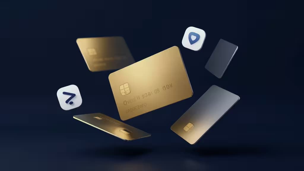 Composition abstraite de cartes de crédit flottantes et d'icônes de streaming sur un dégradé bleu nuit avec reflets dorés