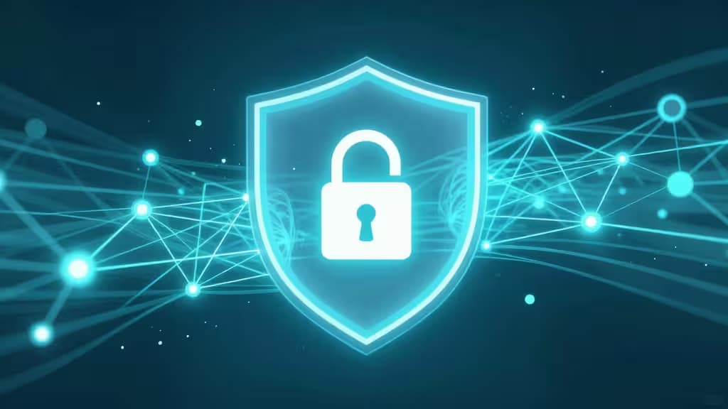 Um escudo azul brilhante com ícone de cadeado protege uma rede de nós interligados, simbolizando comunicação segura de dispositivos IoT via encriptação VPN.
