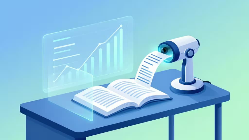 Un scanner IA numérise un reçu sur un bureau bleu, projetant des graphiques financiers holographiques.
