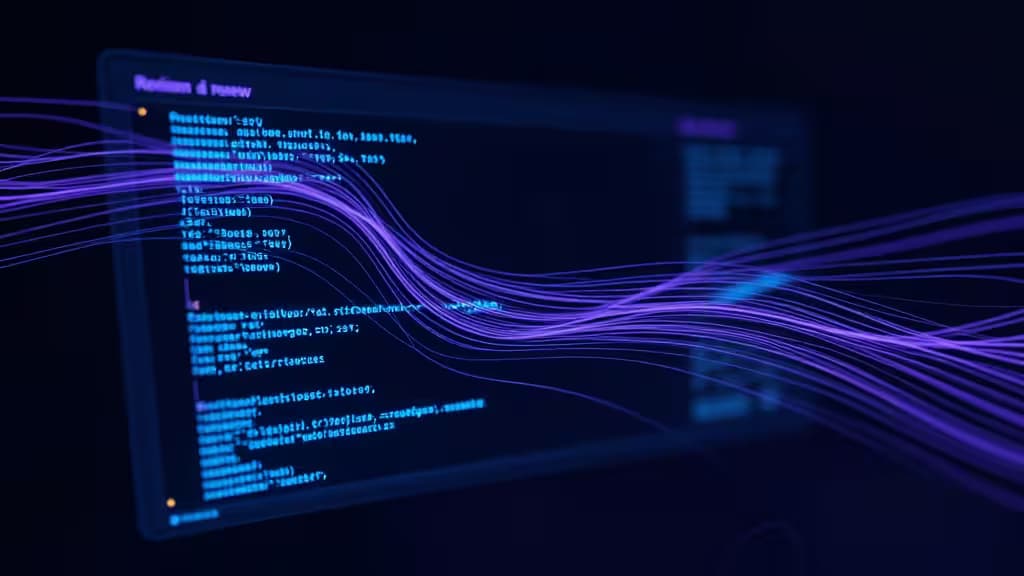 Glowing purple data streams flow across a dark monitor displaying AI code review syntax.