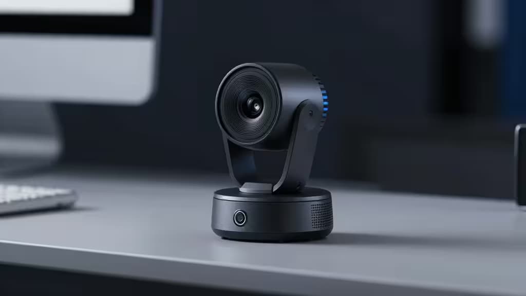 Matte black webcam with blue LED ring sits centered on a sleek gray desk, flanked by blurred monitor and keyboard under soft studio lighting.