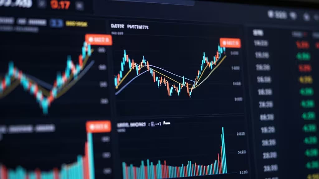 Abstract digital dashboard with glowing cryptocurrency price charts, alert notifications, and multi-chain network connections on a dark background