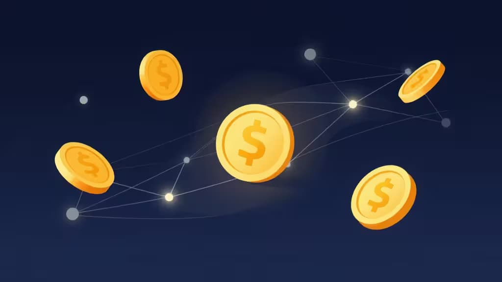 Golden dollar coins float amid glowing network nodes on a dark blue background, symbolizing stablecoin trading across CEX and DEX platforms.