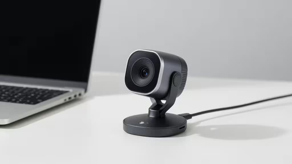 Czarna kamerka internetowa z srebrnym wykończeniem na białym biurku obok srebrnego laptopa, połączona czarnym kablem.