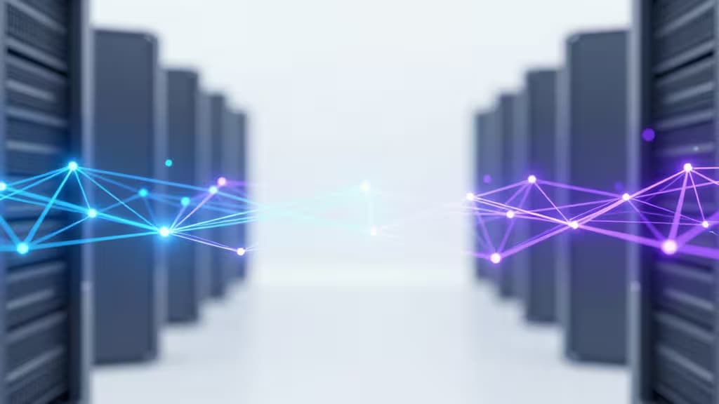 Glowing blue and purple network nodes connect server racks in a modern data center.