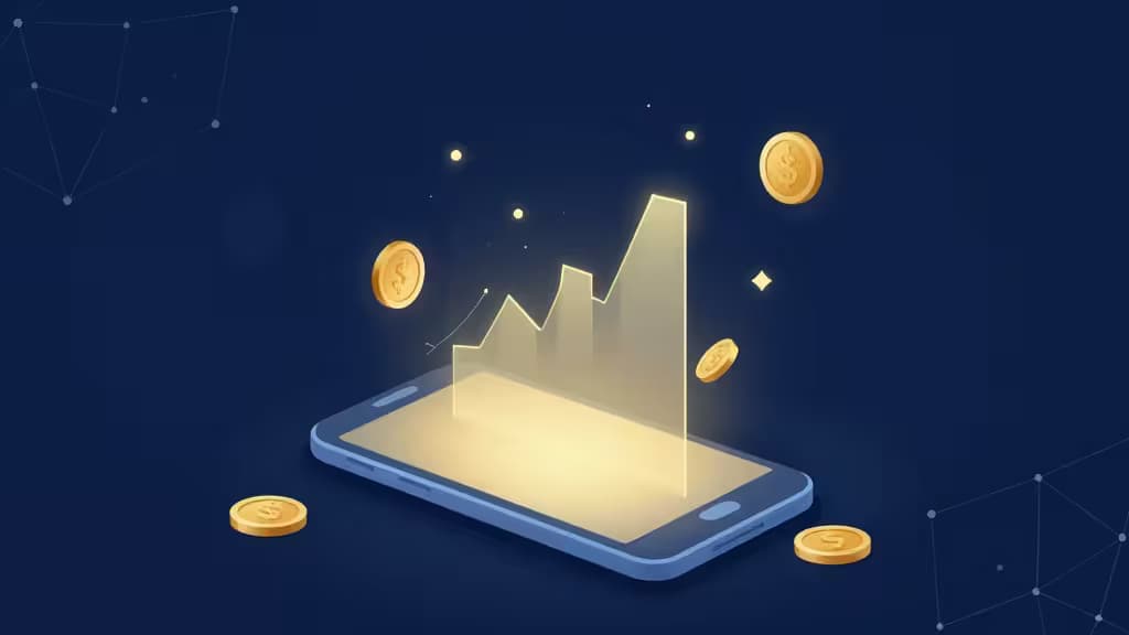 Smartphone displays glowing growth chart with floating gold coins, symbolizing AI-driven financial success.