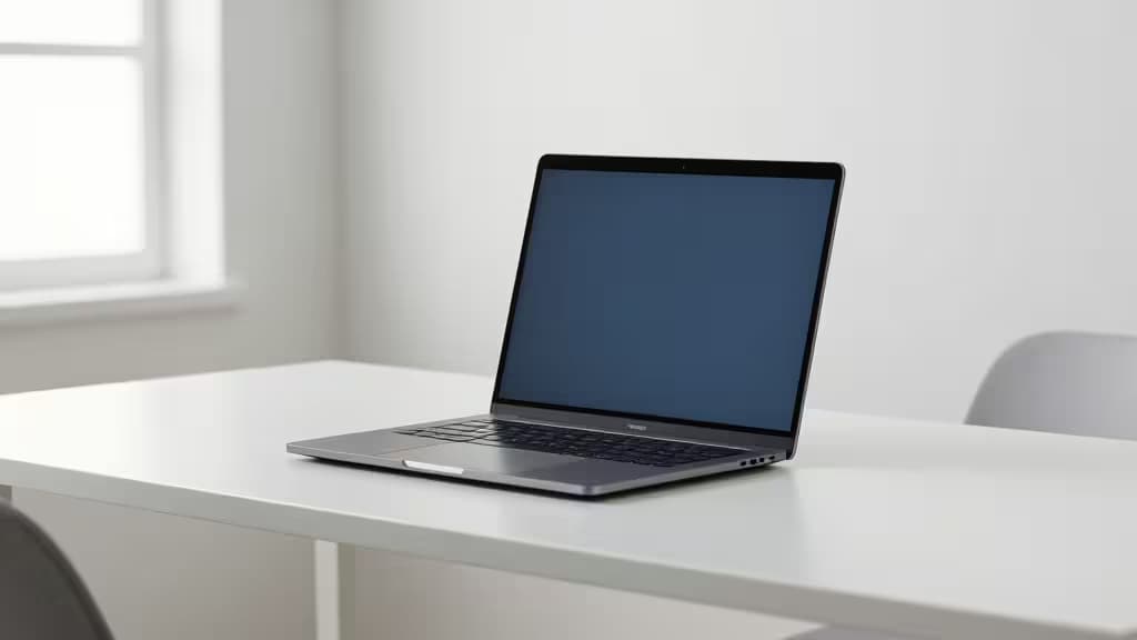 Laptop prateado sobre mesa branca ao lado de um monitor portátil fino, com luz natural entrando por uma janela ao fundo