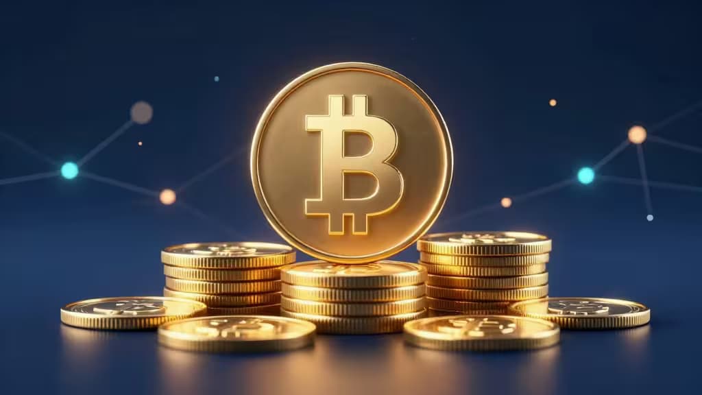Pièces Bitcoin dorées empilées au centre sur fond bleu foncé, avec des nœuds de blockchain lumineux.