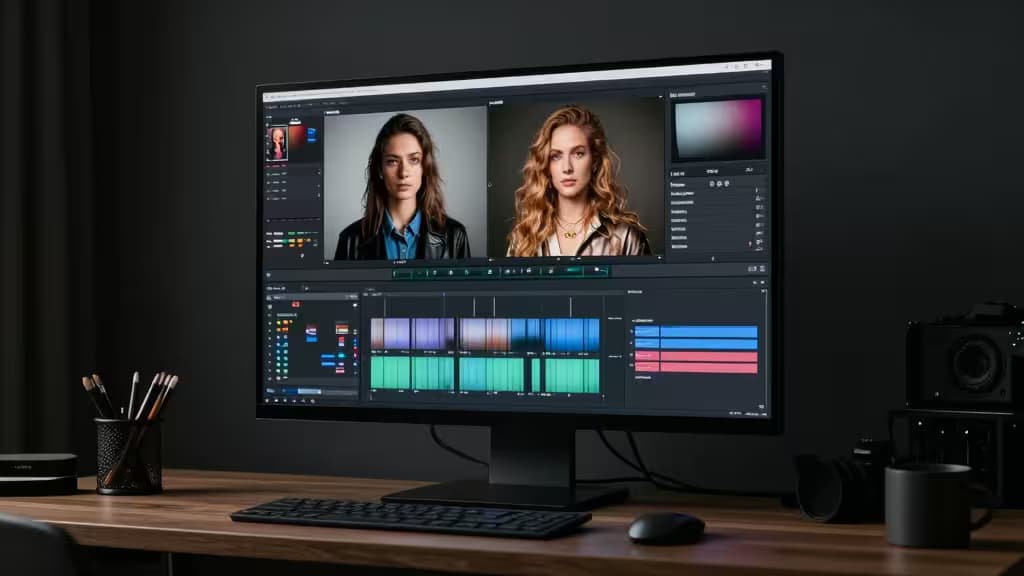 A sleek monitor displays before-and-after portrait retouching on a wooden desk, surrounded by camera gear and editing tools.