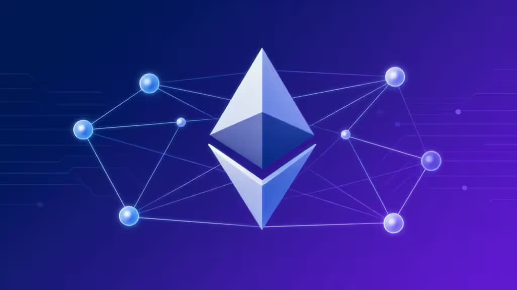 Illustration abstraite d'un réseau de nœuds blockchain Layer-2 connectés par des lignes lumineuses sur fond bleu et violet