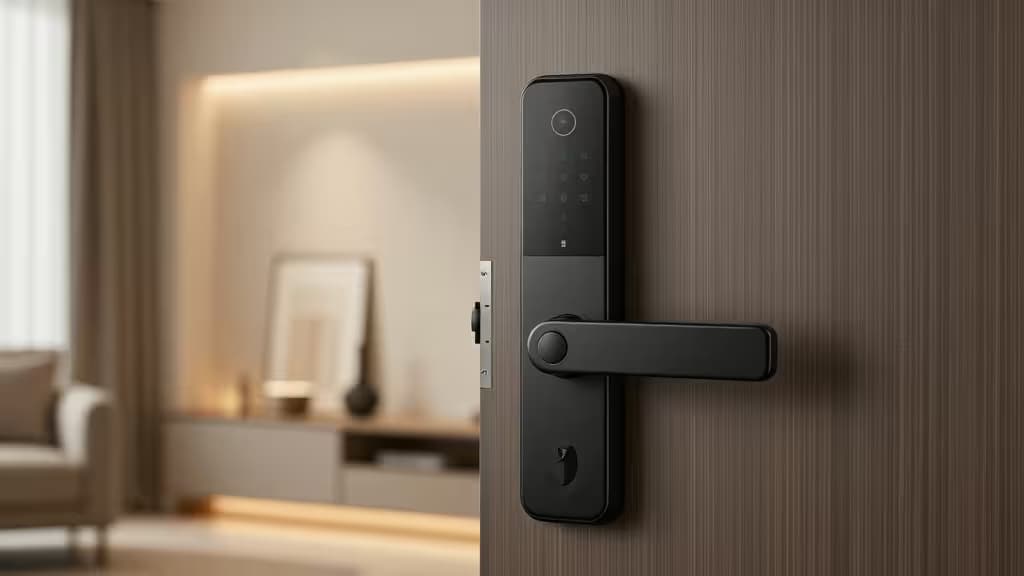 Cerradura inteligente negra de diseño compacto montada sobre el cerrojo existente en el interior de una puerta de apartamento, ilustrando tecnología de hogar inteligente compatible con inquilinos.