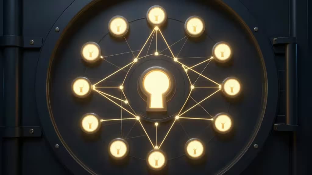 Abstrakte Illustration eines digitalen Tresors mit mehreren leuchtenden Schlüssellöchern, verbunden durch ein Netzwerk aus Lichtlinien — symbolisiert Multi-Signature-Sicherheit für Krypto-Treasuries.