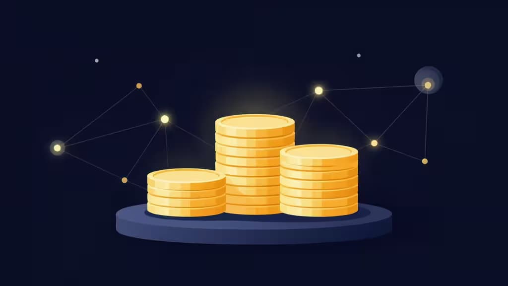 Abstracte voorstelling van crypto staking met gouden munten op een sokkel en verbonden blockchain-netwerknodes op een donkerblauwe achtergrond