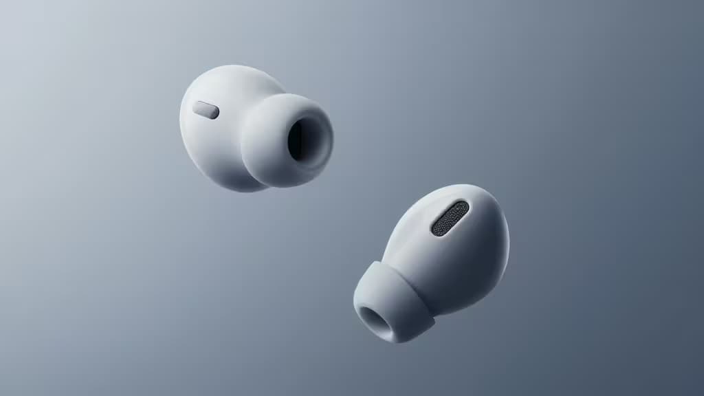 Weiße Kunststoff-Earbuds mit Mikrofon-Gittern schweben vor einem sanften blauen Farbverlauf.