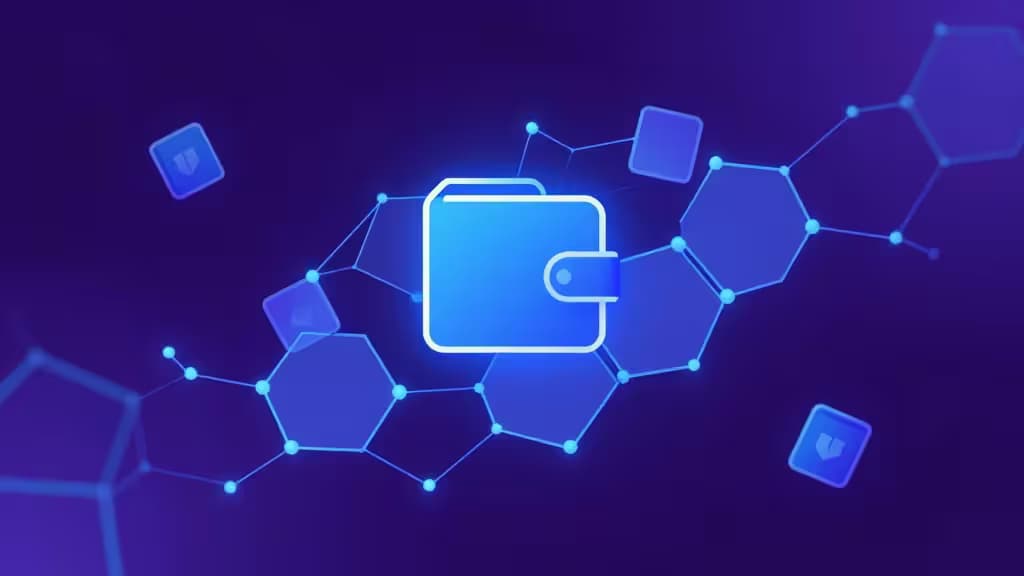 Icône de portefeuille bleu lumineux centrée sur un réseau hexagonal évoquant la blockchain, entourée d'icônes de bouclier flottantes.