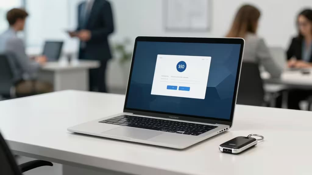 Laptop displays SSO login screen beside security key, with blurred team in background.