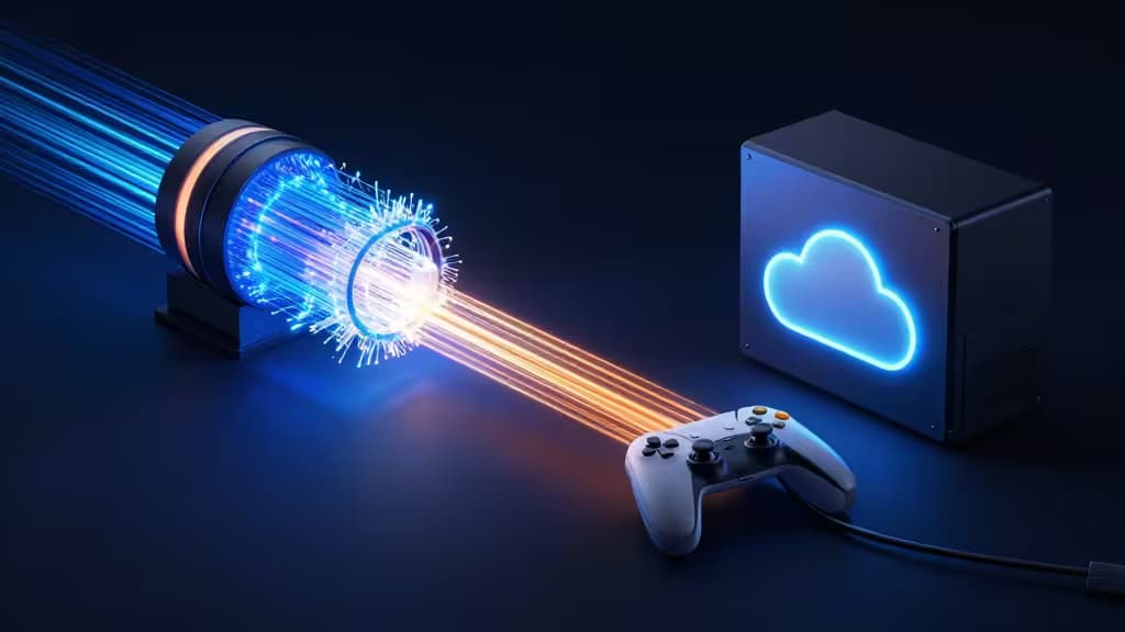 Abstrakte Illustration eines leuchtenden Glasfaser-Tunnels, der einen Controller mit einem Cloud-Server verbindet, mit blauen und orangen Lichtspuren auf dunklem Hintergrund.