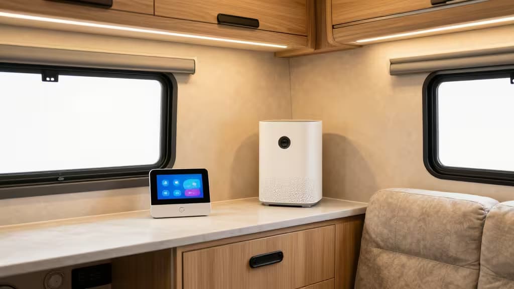 Moderne RV-interieur met slimme apparaten zoals een compacte luchtreiniger en een smart display op het aanrecht, warme sfeerverlichting