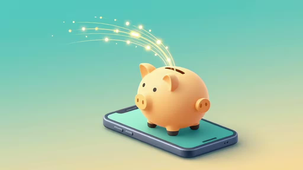 A glossy piggy bank sits on a smartphone, emitting glowing coins upward against a teal-to-yellow gradient background.