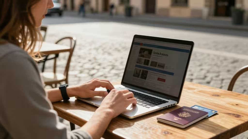Donna che lavora al computer in un caffè, con passaporto e carte di credito sul tavolo di legno.