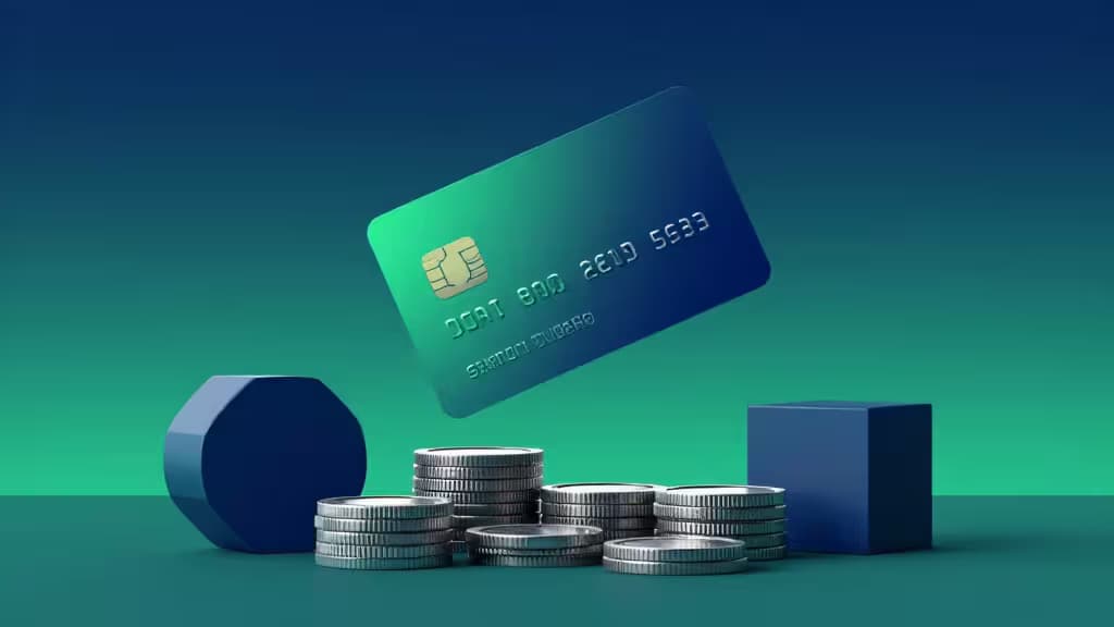Lewitująca karta fintech unosi się nad ułożonymi srebrnymi monetami i geometrycznymi bryłami, symbolizując narzędzia biznesowego kredytu przyjazne startupom.