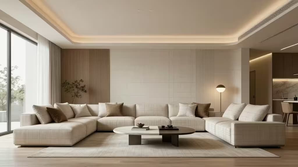 Beige sectional sofa, wood floors, and recessed lighting define this minimalist living room.