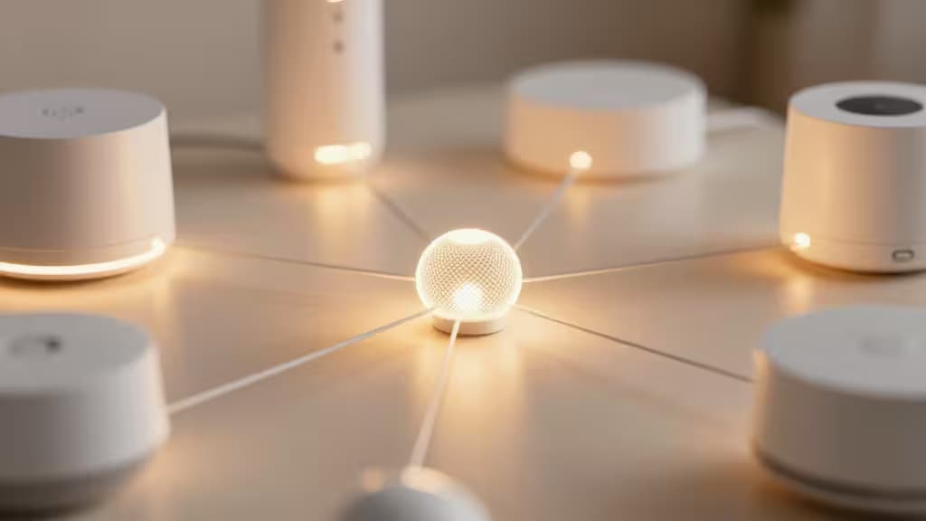 Central Thread router connects multiple smart home devices via glowing lines on a wooden surface.